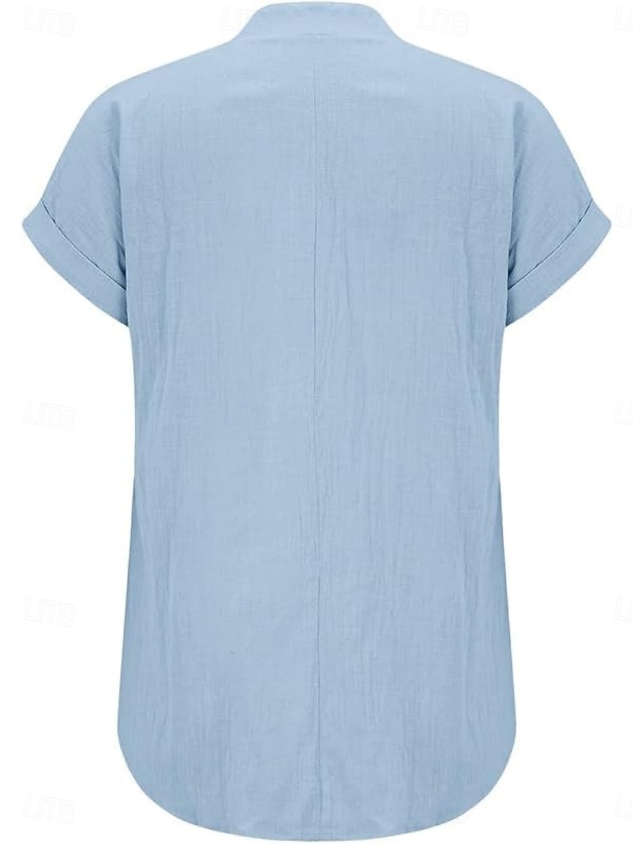 Women's Shirt Blouse Cotton Shirt Buttons Solid Color Vintage Classic Modern Short Sleeve Shirt Collar Regular Tops Daily Holiday Going out White Yellow Navy Blue Sky Blue Light Blue Summer Spring 2026 - $22.99 –P3