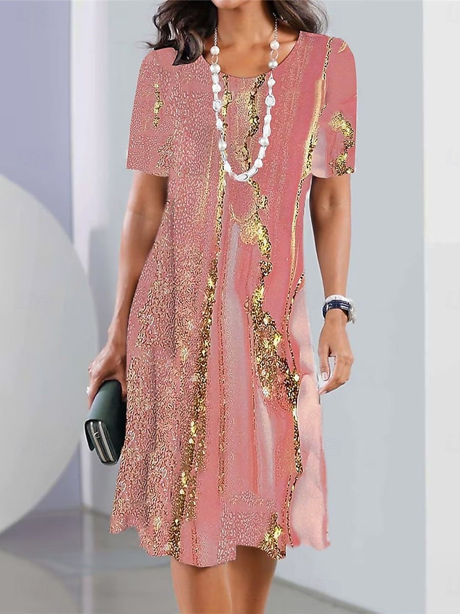 Damen Knielanges Kleid Shiftkleid Freizeitkleid Elegant Mode Modern Täglich Outdoor Urlaub Normale Passform Grafik Abstrakt Kurzarm Rundhalsausschnitt Blau Rosa Dunkelgrün Braun Sommer Frühling 2026 - $24.99 –P5