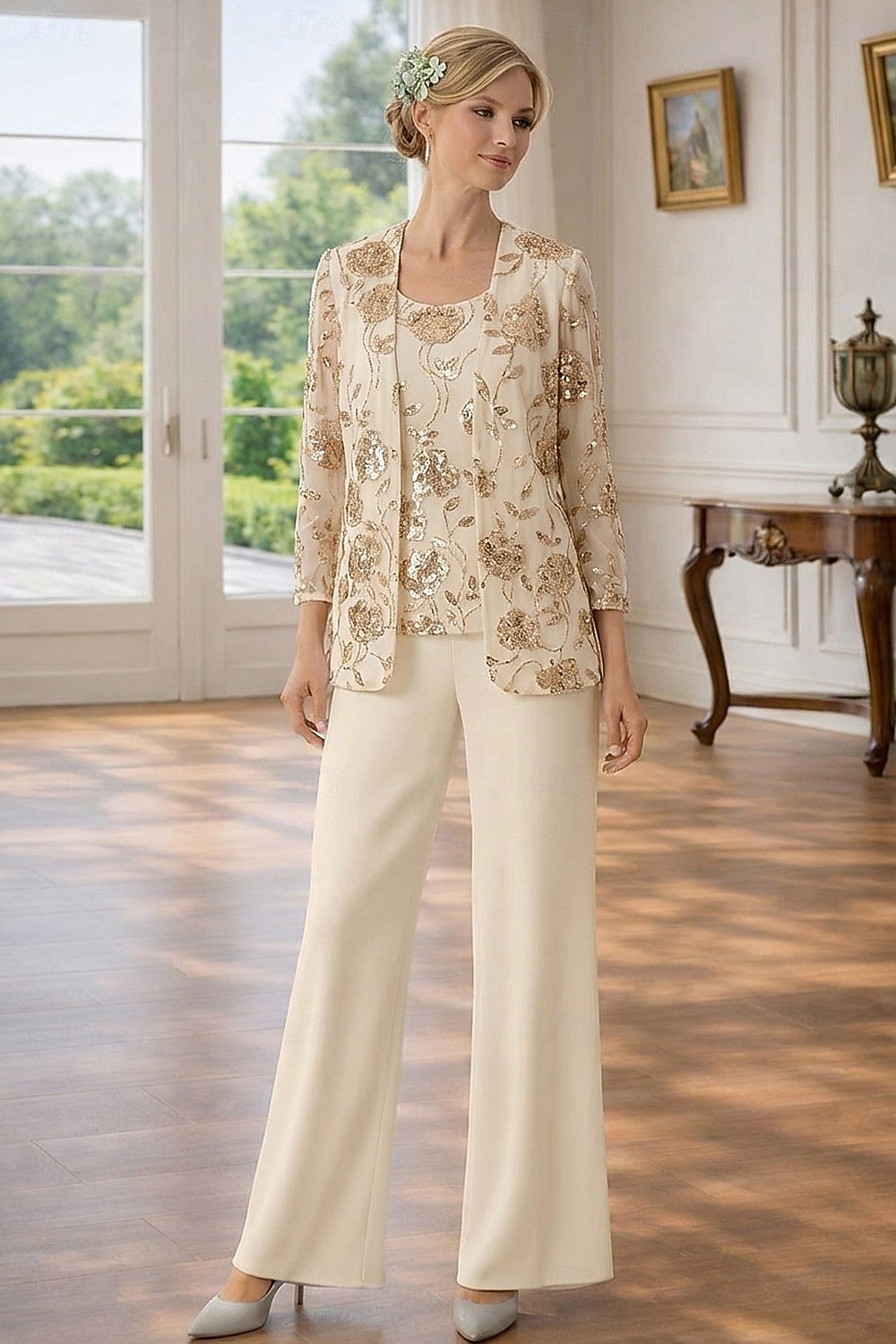 3 Piece Pantsuit Floor Length Mother of the Bride Dress Sleeveless 3/4 Length Sleeve Scoop Neck Elegant Simple Embellished Formal Wedding Guest Formal Evening Chiffon Sequined with Sequin 2026 - $182.99 –P5