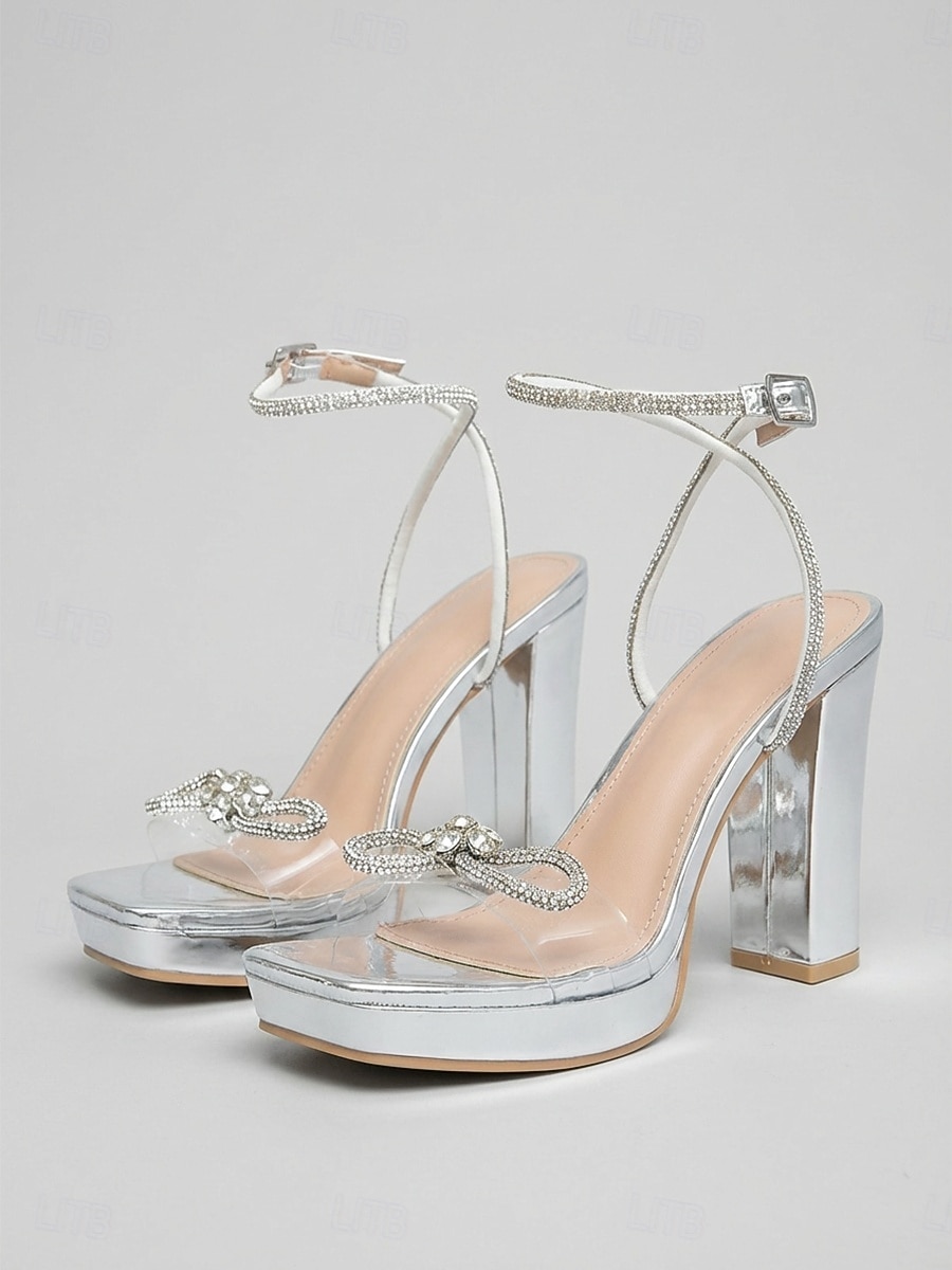 Women's Silver Platform High Heel Sandals, Rhinestone Ankle Strap Chunky Heels for Nightlife Party, Clubbing & Evening Events 2026 - $42.99 –P1