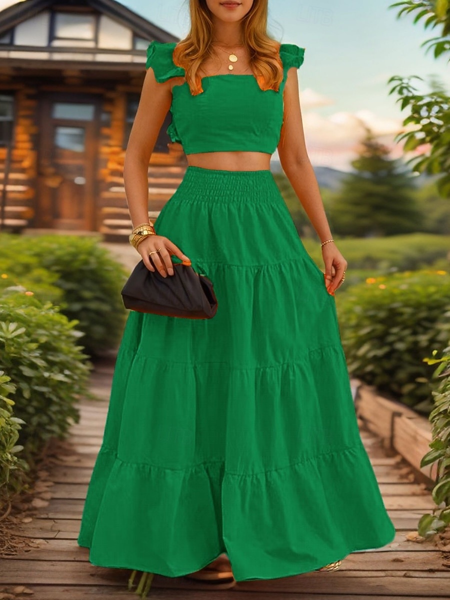 Mujer conjuntos de falda Sin Mangas Escote Cuadrado Plano Frunce Elegante Moda Ropa de calle Casual Diario Exterior Negro Blanco Amarillo Verano Ajuste regular 2026 - $27.99 –P2
