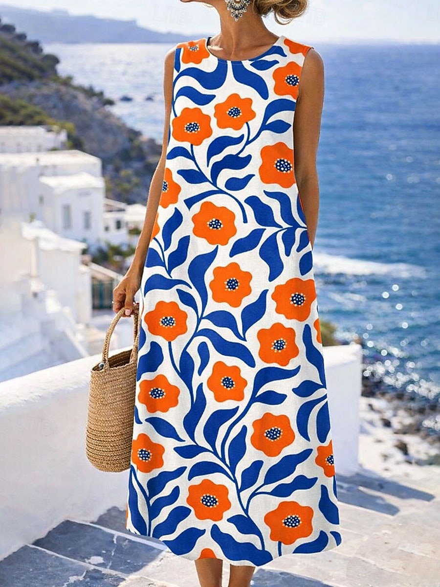 Mulheres Vestido midi Vestido de turno Vestidos Para o Verão Vestido A Line Férias Casual Boho Praia Festa Normal Floral Gráfico Sem Manga Gola Redonda Azul Amarelo Rosa Vermelho Verão Primavera de 2026 por $37.99 –P1