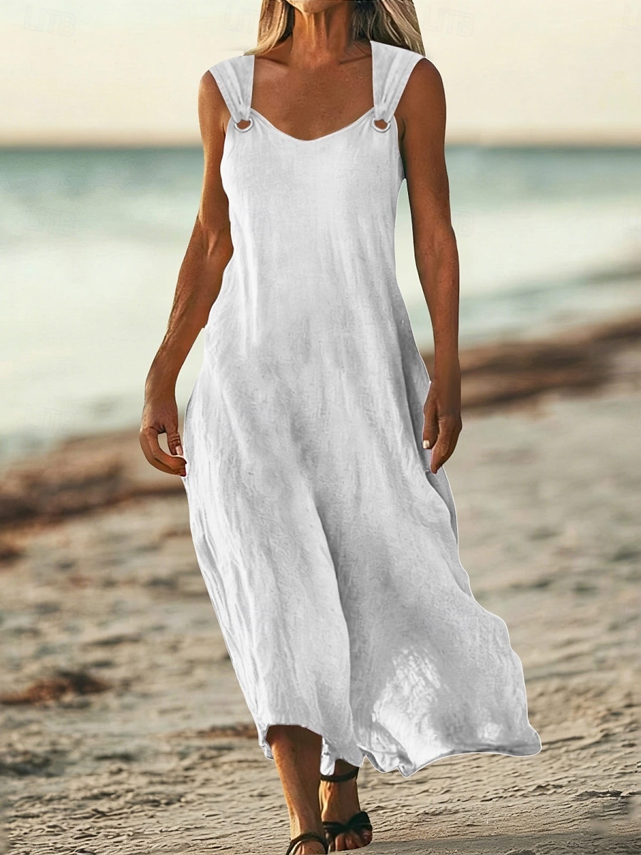 Women's Maxi Dress Linen-feel Dresses A Line Dress Summer Dress Casual Daily Loose Fit Plain Sleeveless V Neck Blue Black White Yellow Summer 2026 - $25.99 –P6
