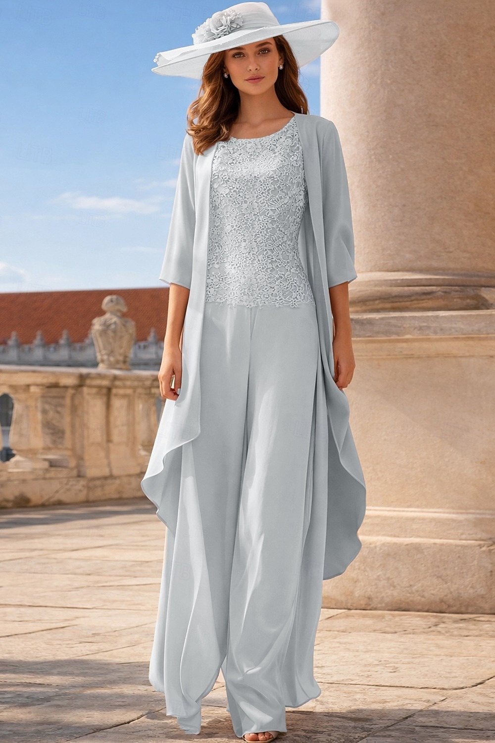 Broek 3-delig pak Tot de grond Moeder van de bruid jurk Mouwloos Ronde hals Elegant Grote maten Formeel Bruiloft gast Chiffon Kant met Appliqués 2026 - AU $253.66 –P9