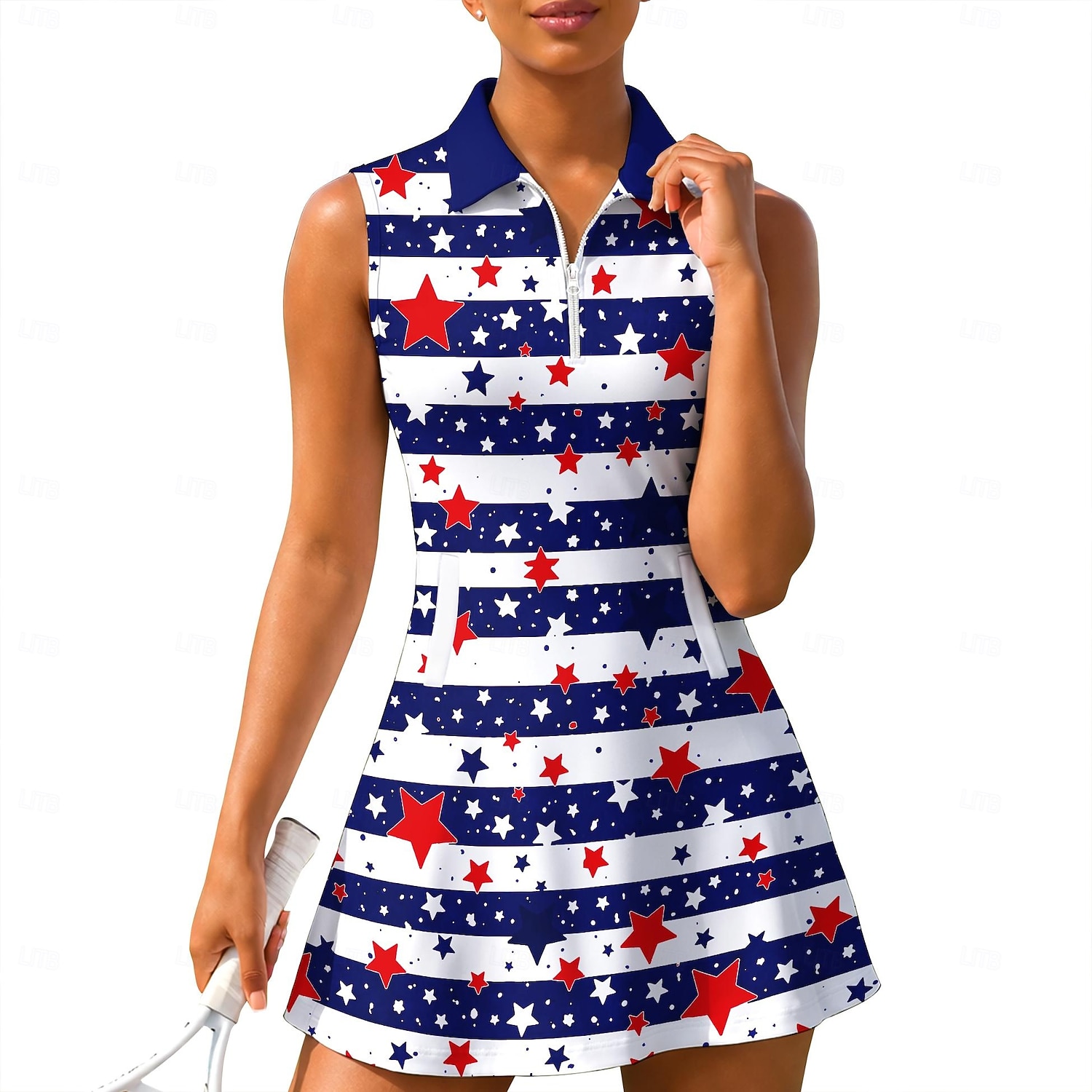 Amerikas 250. Jahrestag Tag der Unabhängigkeit Damen Geometrisch Nationalflagge Tenniskleid Sportkleid Ärmellos Druck Atmungsaktiv Volleyball Tennis Golfspiel Polokragen Reißverschlusskragen Kleid 2026 - $27.99 –P4