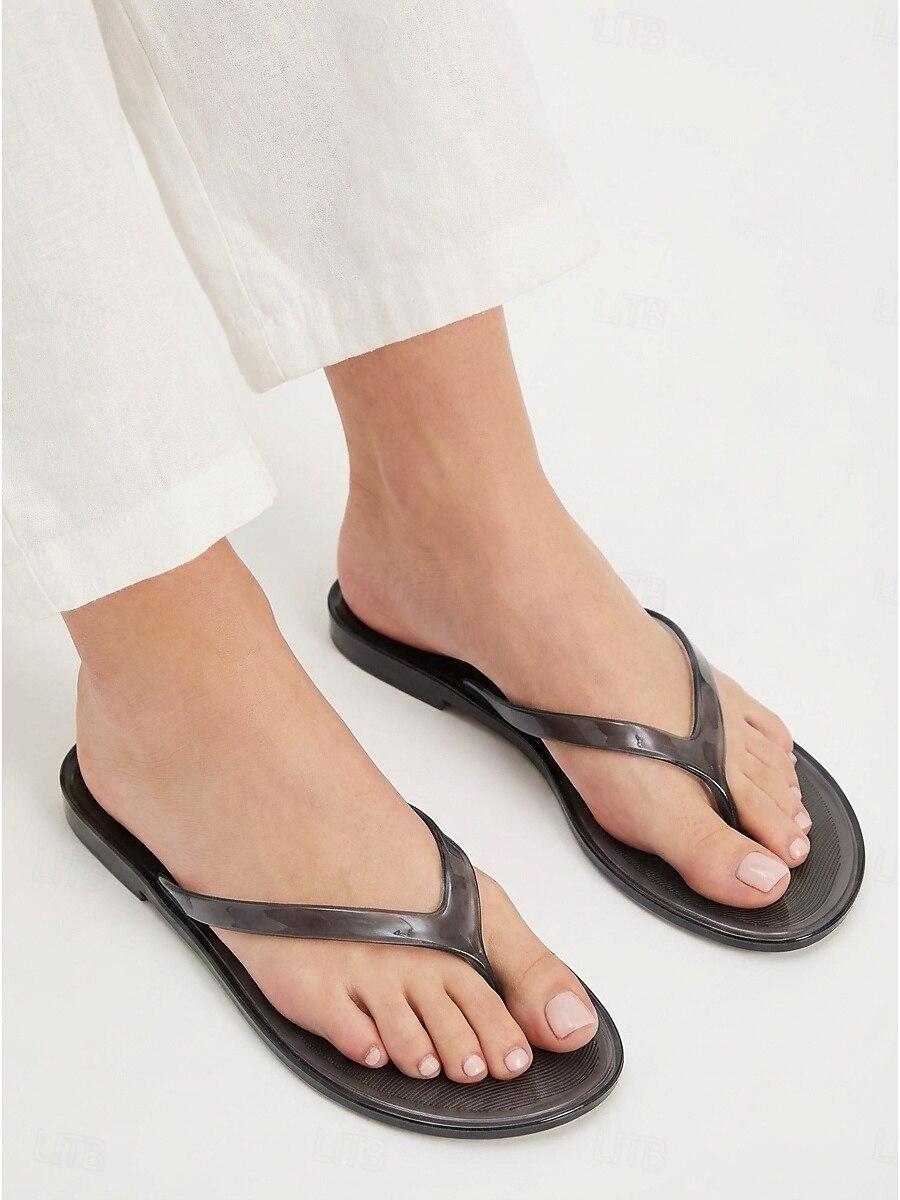Waterdichte zwarte jelly teenslippers voor dames - lichtgewicht, transparante platte sandalen met bandjes voor strandvakanties en wandelingen langs de kust. &zomerse eilandvakanties 2026 - $18.99 –P5