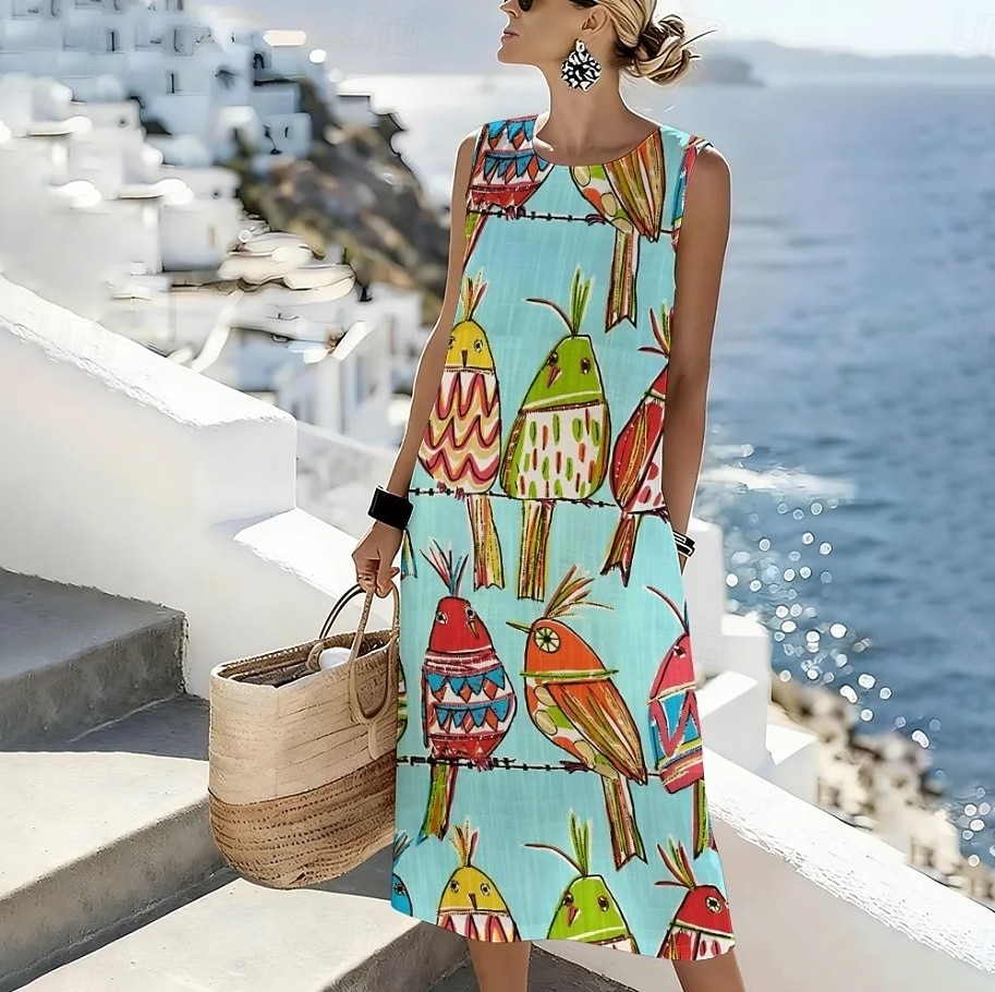 Women's Midi Dress Shift Dress Sundress A Line Dress Vacation Casual Boho Beach Going out Regular Fit Graphic Animal Sleeveless Crewneck White Sky Blue Beige Summer Spring 2026 - $39.99 –P8