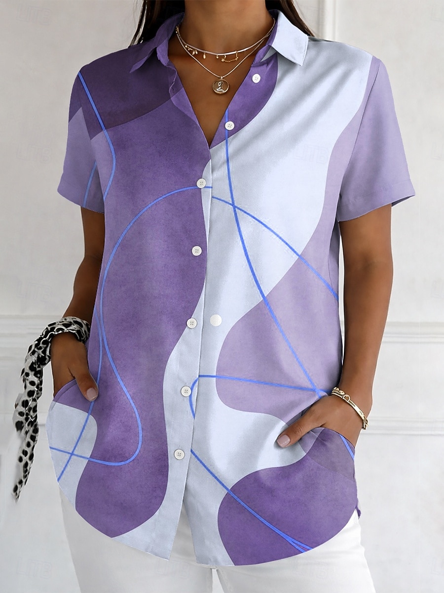Damen Hemd Knöpfe Druck Grafik Geometrisch Vintage Stilvoll Modern Kurzarm Hemdkragen Lange Oberteile Täglich Blau Rosa Purpur Grün Sommer Frühling 2026 - $26.99 –P4