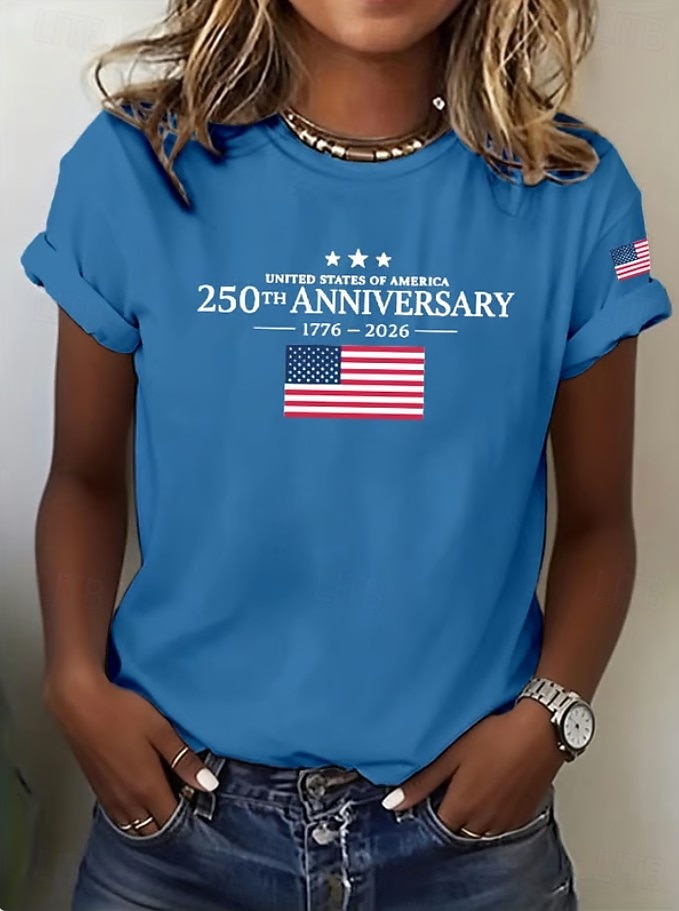 Amerikaanse onafhankelijkheidsdag Dames T-shirt Afdrukken Grafisch Brief Amerikaanse vlag Stijlvol Klassiek Casual Korte mouw Strakke ronde hals Normale tops Dagelijks blauw Zwart Wit Marineblauw 2026 - $22.99 –P6