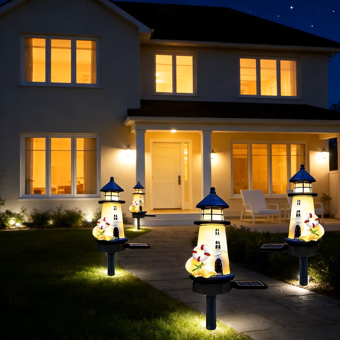 2 luces solares de jardín para exteriores, ideales para patios de villas, paisajes, con diseño de faro de resina, impermeables, para césped, jardines, senderos, camping y decoración de fiestas. 2026 - $30.99 –P3