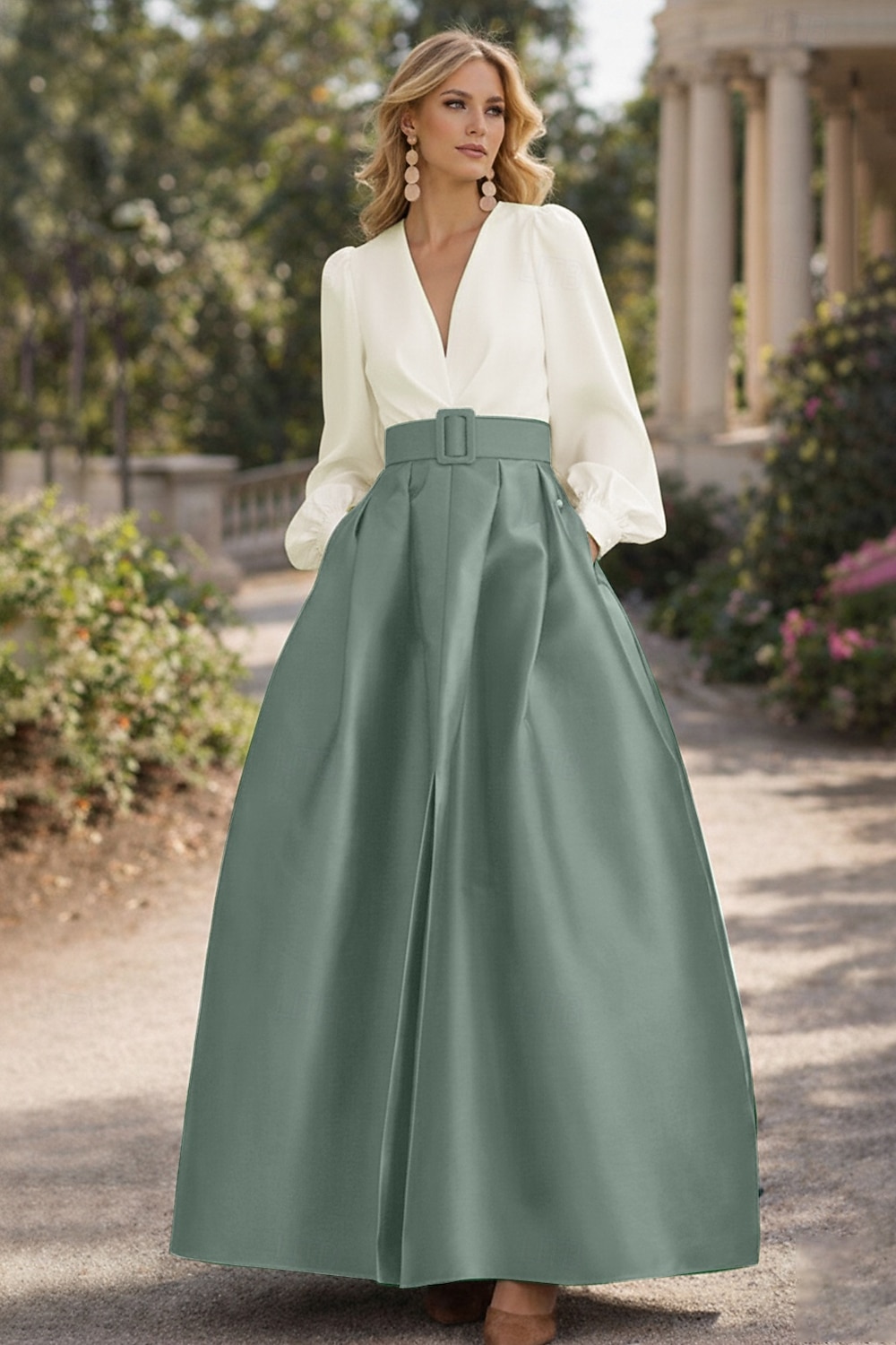A-Line Floor Length Evening Gown High Split Mother Of The Bride Long Sleeve V Neck Formal Wedding Guest Belt / Sash Satin with Pleats Slit 2026 - $172.99 –P16
