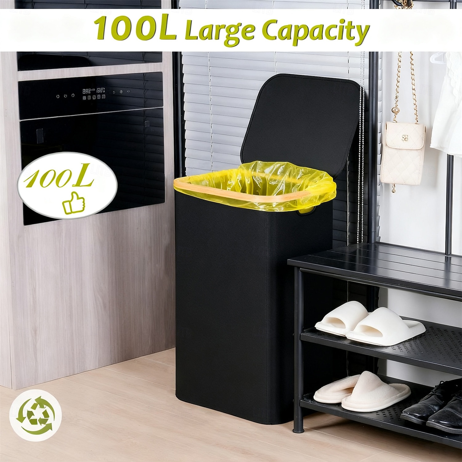 Poubelle en tissu de 100 litres avec couvercle, panier à linge pliable avec structure en bambou, bac de rangement moderne pour le salon &chambre, comprend 10 sacs poubelles jaunes de 2026 ? $34.99 –P3