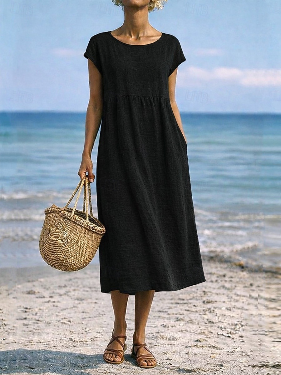 Damen Midikleid A Linie Kleid Sommerkleid Lässig Täglich Lässiger Schnitt Einfach Kurzarm Rundhalsausschnitt Blau Schwarz Weiß Rosa Sommer Frühling 2026 - $26.99 –P7
