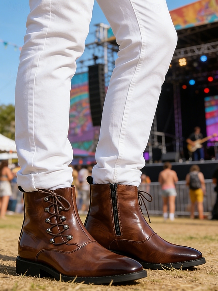 męskie brązowe botki zapinane na zamek z boku, sznurowane, modne buty na festiwale muzyczne, stroje na koncerty, odzież uliczną, imprezy plenerowe, stroje imprezowe i jako wyrazisty styl 2026 - $64.99 –P5