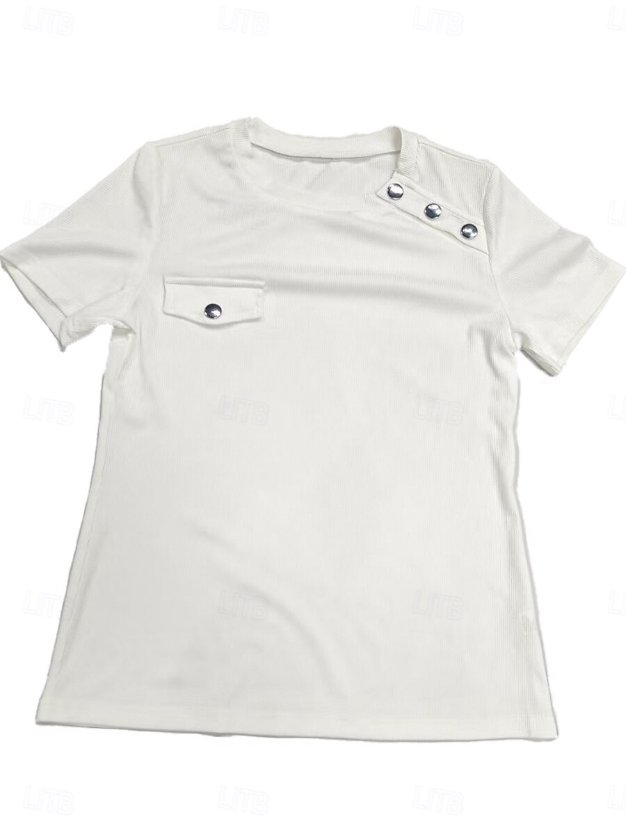 Mujer Camiseta Camiseta superior Botones Plano Moda Elegante Clásico Manga Corta Cuello Barco Tops regulares Diario Noche Fin de semana Negro Blanco Rojo Azul Marino Marrón Verano Primavera 2026 - $19.99 –P3
