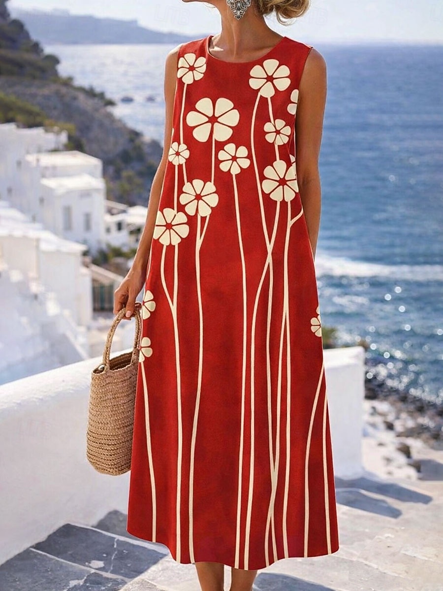 Mulheres Vestido midi Vestido de turno Vestidos Para o Verão Vestido A Line Férias Casual Boho Praia Festa Normal Floral Gráfico Sem Manga Gola Redonda Azul Amarelo Rosa Vermelho Verão Primavera de 2026 por $37.99 –P3