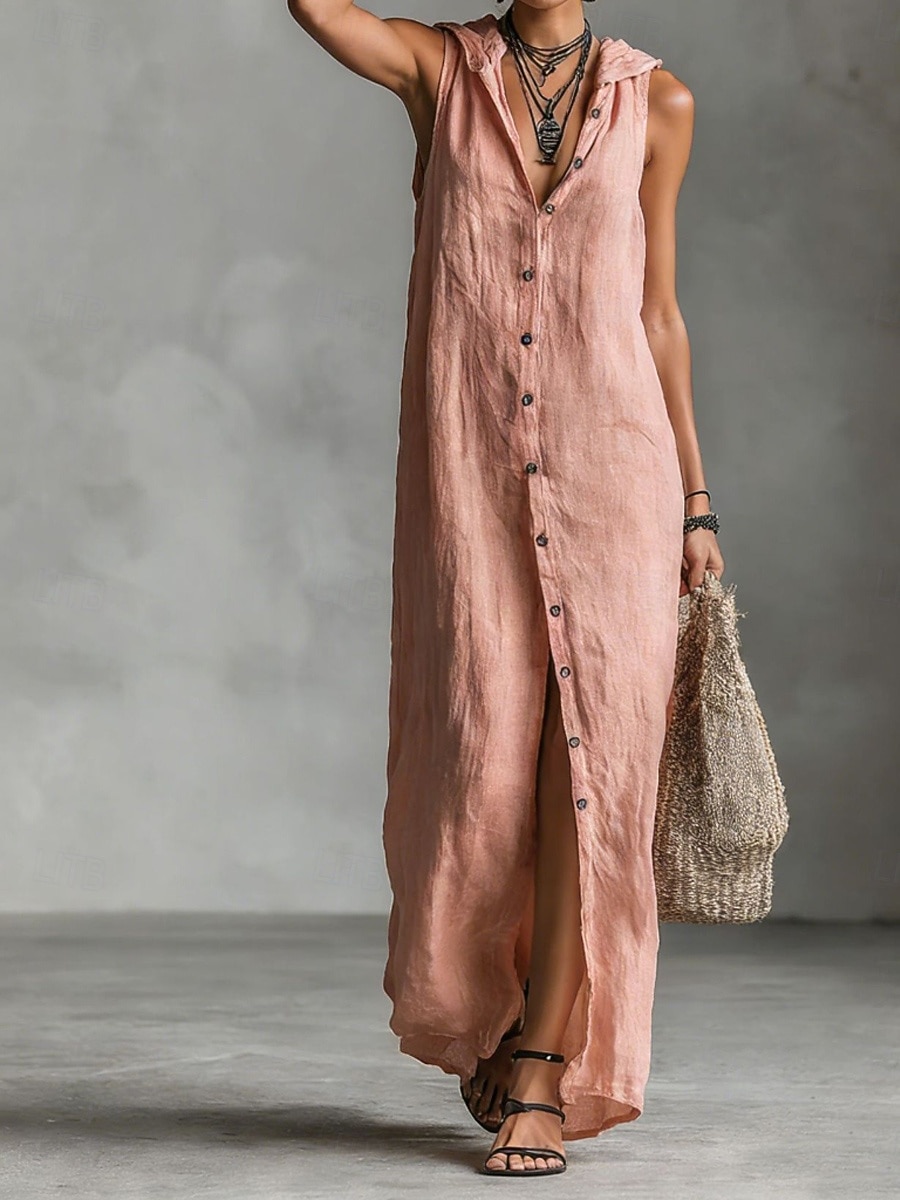 Women's Maxi Dress Linen-feel Dresses Shirt Dress Casual Dress Cotton Linen Dress Elegant Fashion Modern Outdoor Vacation Going out Regular Fit Plain Sleeveless Hooded Black Dusty Rose Navy Blue 2026 - $39.99 –P3