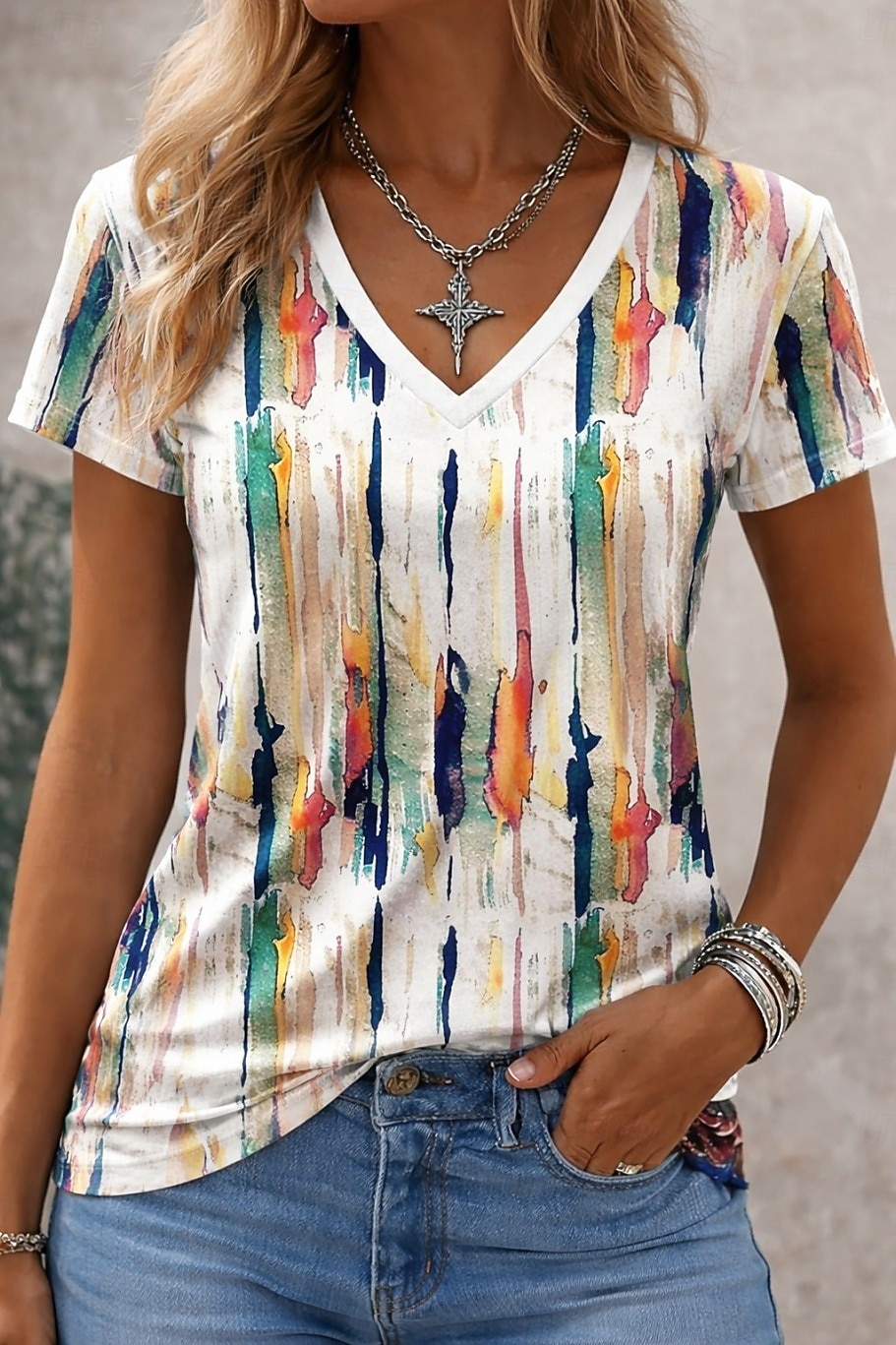 Women's T Shirt Print Graphic Striped Abstract Stylish Classic Casual Short Sleeve V Neck Long Tops Daily Brown And White Gray / White White Summer Spring 2026 - $21.99 –P1