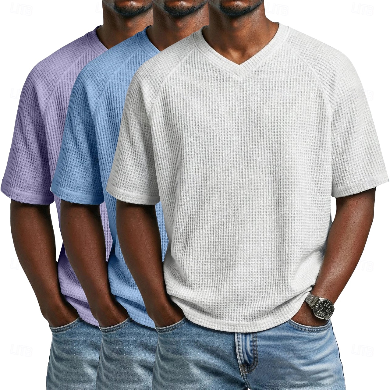 3 pezzi t-shirt da uomo waffle maglietta a maniche corte scollo a V estate tinta unita testurizzata alla moda designer casual multipack maniche raglan casual quotidiano esterno blu bianco maglietta del 2026 a $51.99 –P2