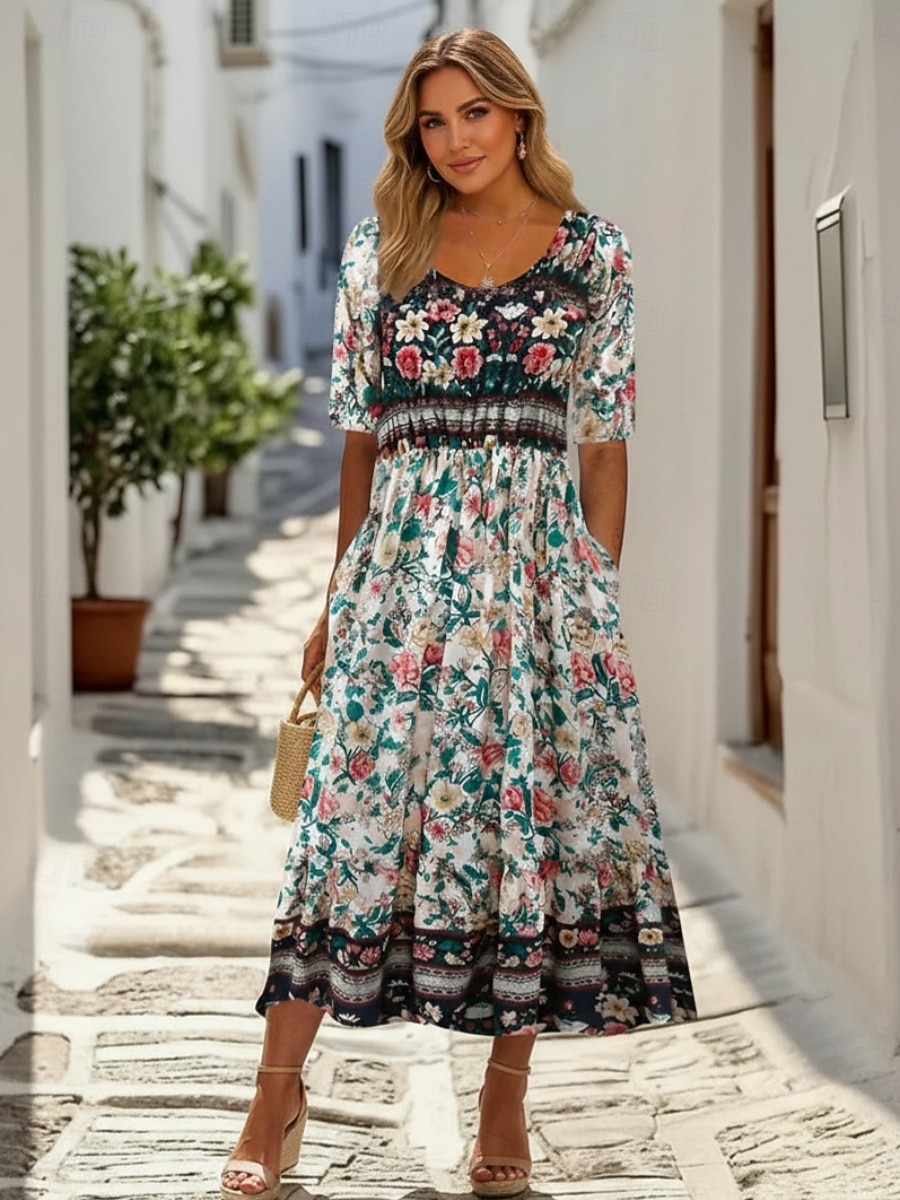 Damen Midikleid Freizeitkleid A Linie Kleid Blumenkleid Elegant Mode Modern Outdoor Urlaub Ausgehen Normale Passform Blumen Halbarm V Ausschnitt Blau Rosa Königsblau Dunkelgrün Sommer Frühling 2026 - $32.99 –P3