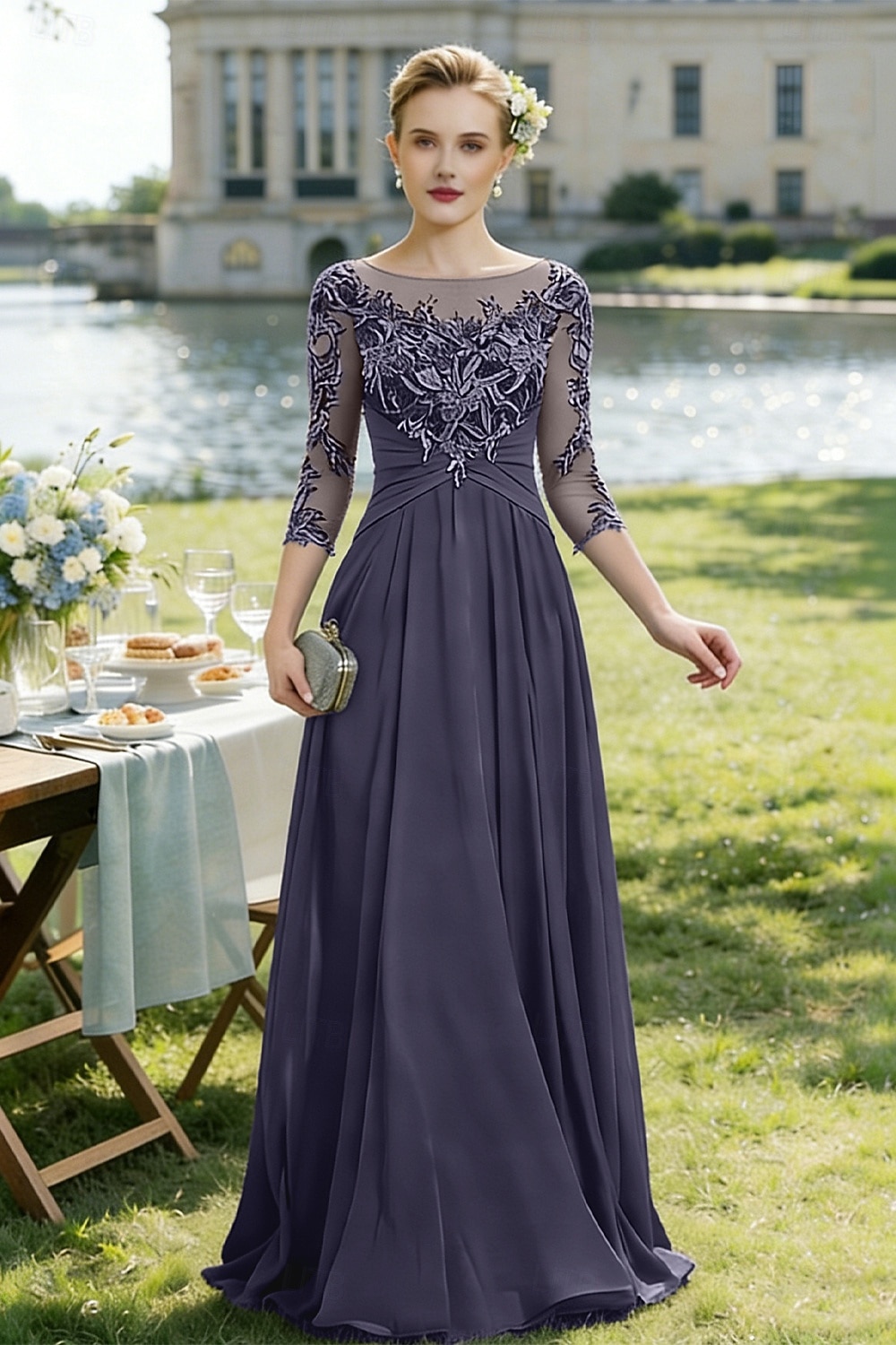 Linea ad A Lunghezza al pavimento Abito da invitata a nozze Abito Formale Abito da sera Abito da cerimonia per signora Manica 3/4 Collo gioiello Elegante Ricevimento di matrimonio Chiffon Pizzo con del 2026 a $195.99 –P4