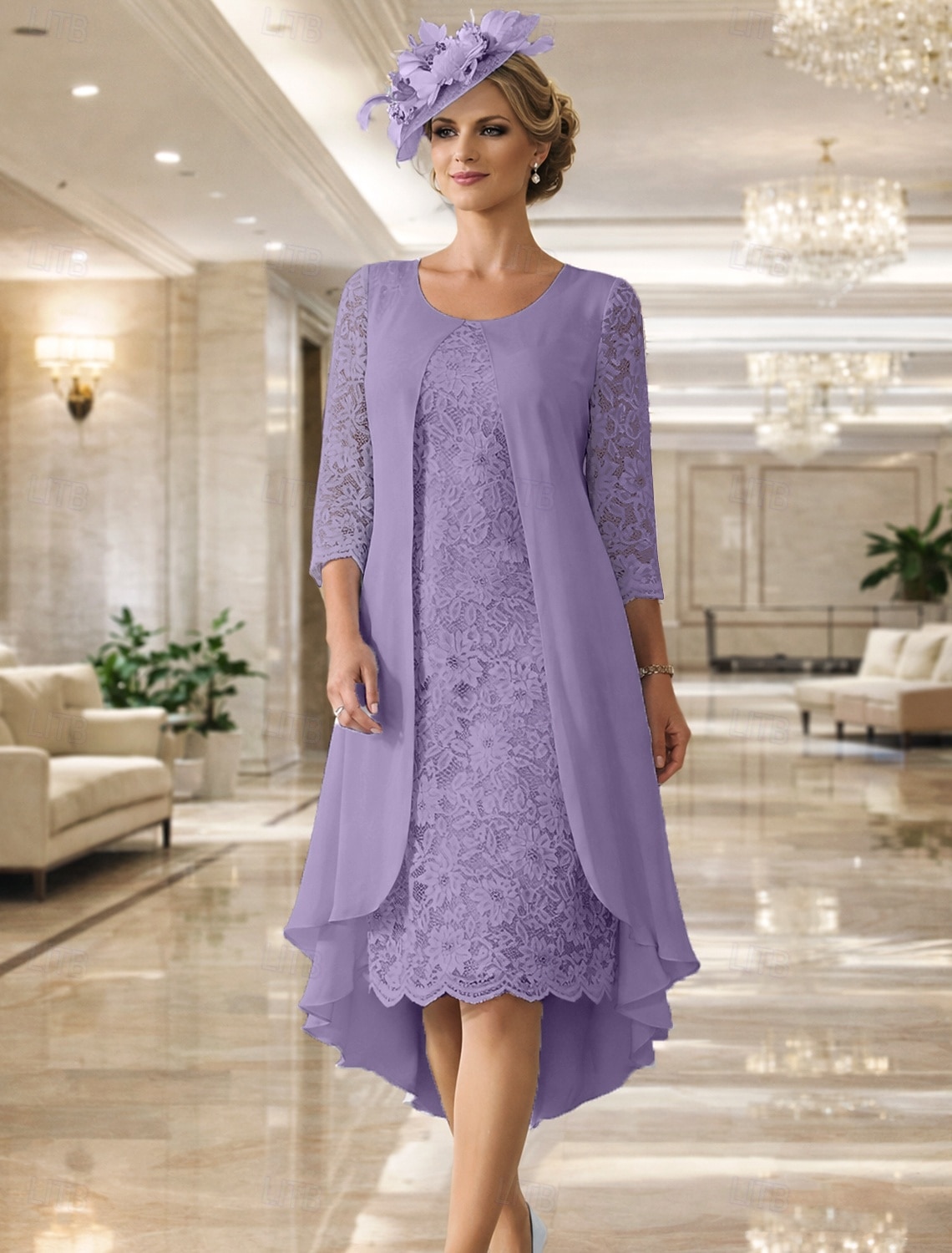 A-Linie Knielang Kleid für Hochzeitsgäste Brautmutterkleid Langarm Juwelenhals Elegant Übergröße Hochzeitsgast Chiffon Spitze mit Spitze 2026 - $172.99 –P12