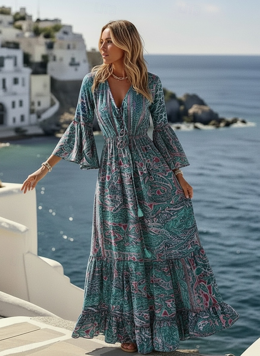 Damen Maxikleid Boho-Kleid Freizeitkleid Schwingkleid A Linie Kleid Vintage Lässig Täglich Normale Passform Blumen Langarm V Ausschnitt Blau Rote Purpur Orange Sommer Frühling Herbst 2026 - $29.99 –P5