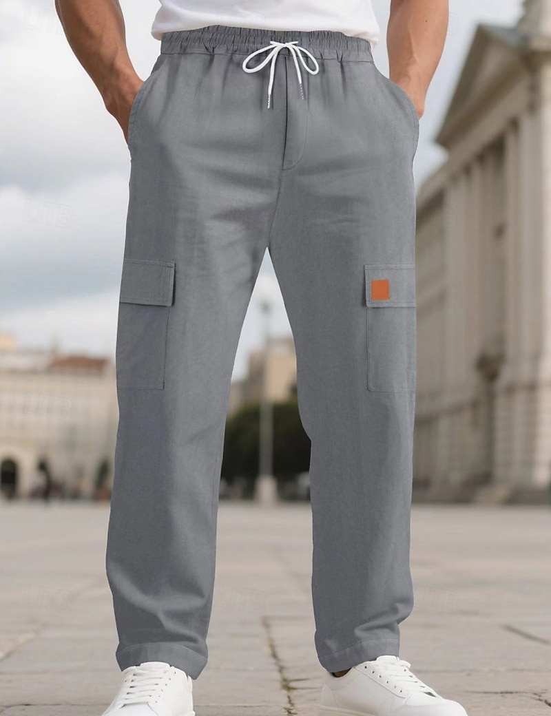 Men's Linen Pants Trousers Summer Pants Beach Pants Drawstring Elastic Waist Solid Color Comfort Breathable Full Length Daily Outdoor Beach Vacation Fashion Black White Inelastic 2026 - $22.99 –P10