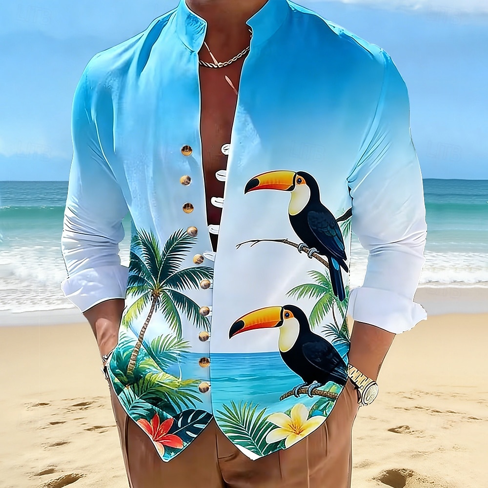 Pánské Kokosový strom Tropické květiny Tukani Havajské košile Aloha košile Košile s límečkem Dlouhý rukáv Havajské Plážová dovolená Léto Jaro Stojáčkový límec Kulatý límeček 3D tisk Len jako košile 2026 - $27.99 –P1