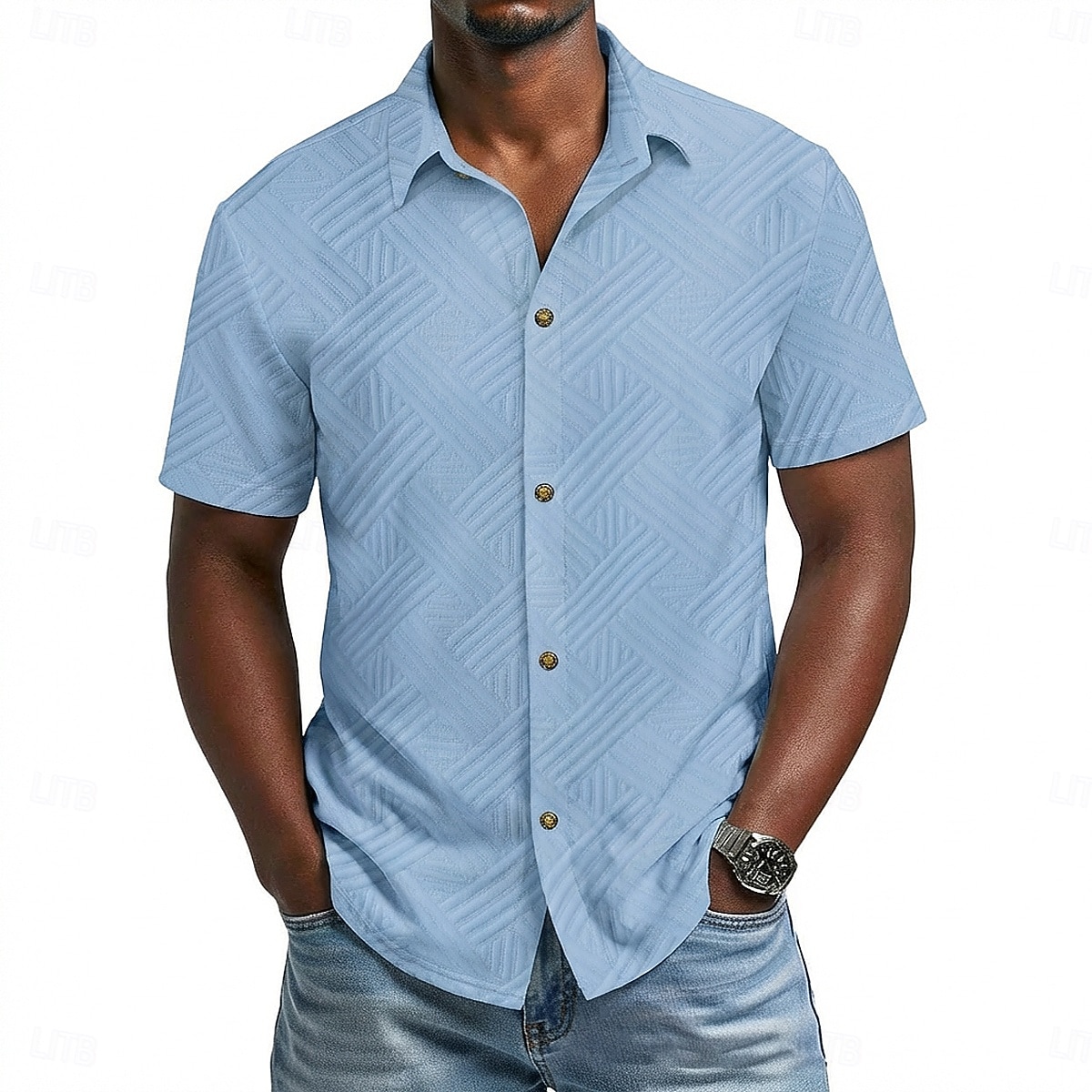 Voor heren Overhemd Normaal shirt Overhemd met knopen Jacquard overhemd Zwart Wit Abrikoos Grijs Licht Blauw Korte mouw Geometrisch Effen Revers Casual Dagelijks Jacquard Kleding Elegant Modieus 2026 - $25.99 –P4
