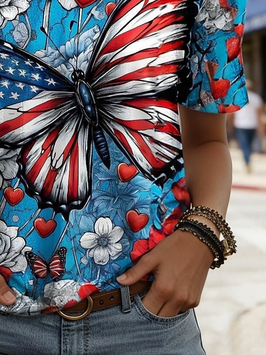 día de la independencia americana Mujer Camiseta Camiseta superior Graphic Mariposa Elegante Clásico Casual Manga Corta Cuello Barco Tops regulares Diario Noche Fin de semana Azul Piscina Verano 2026 - $14.99 –P3