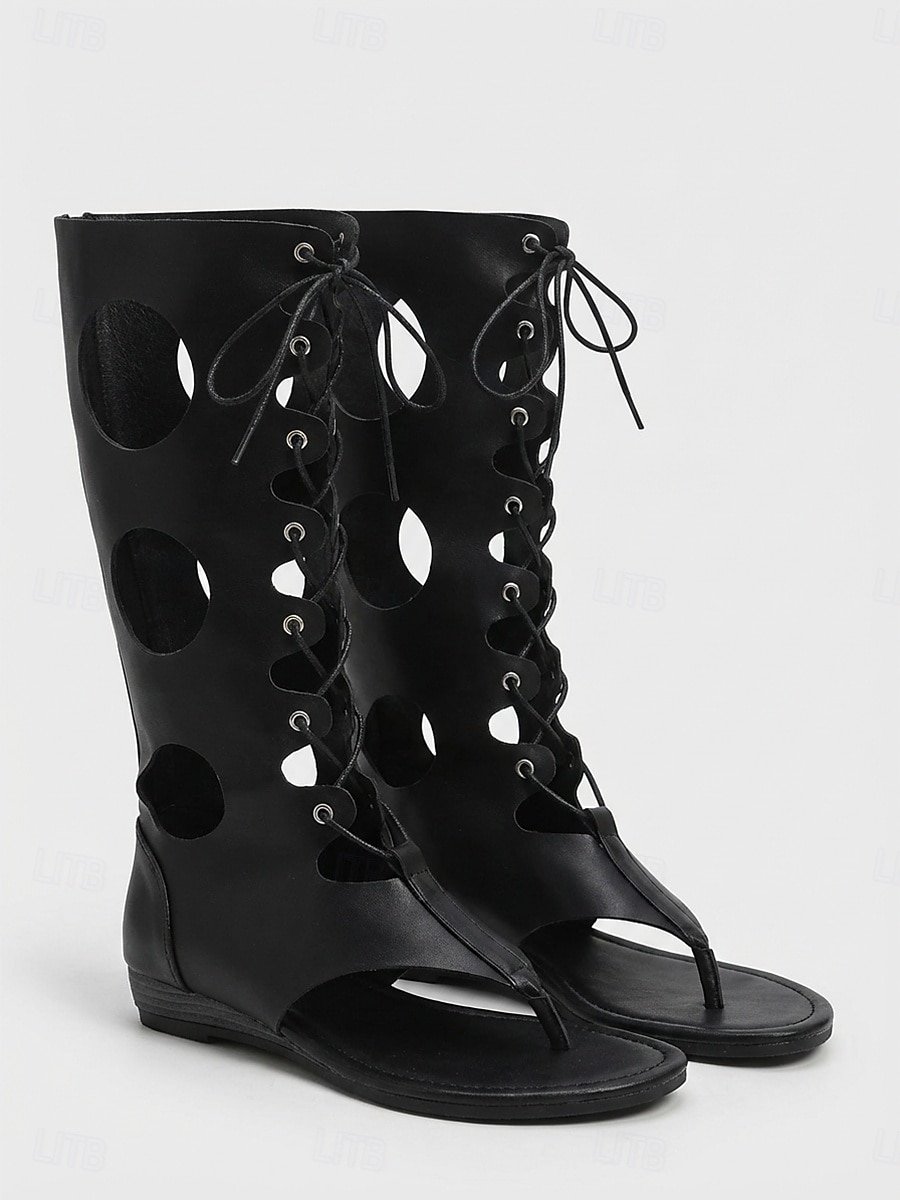 Stoere zwarte gladiatorsandalen voor dames - platte kniehoge sandalen met vetersluiting, uitgesneden design en teenslipper, perfect voor muziekfestivals en zomerse raves. &boho woestijnvakanties 2026 - $59.99 –P3