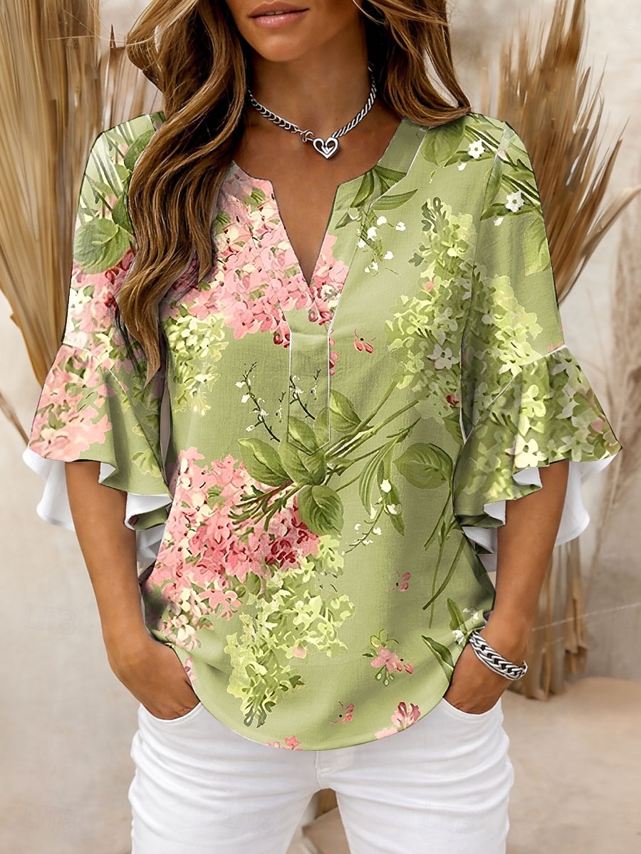 Per donna Blusa Volant Stampato Floreale Grafico Vintage Quotidiano Elegante Manica 3/4 Scollo a V Top Regolari Quotidiano Ferie Abbigliamento da vacanza Bianco Giallo Rosa Verde Estate Primavera del 2026 a $32.99 –P4