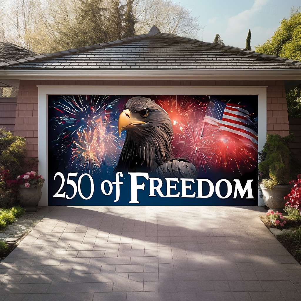 4. juli 2026 250-års minnedag 250 Frihet Bald Eagle Amerikansk flagg fyrverkeri Garasjeport banner utendørs patriotisk dekorasjon uavhengighetsdag 4. juli feiring bakgrunn 2026 - $49.99 –P4