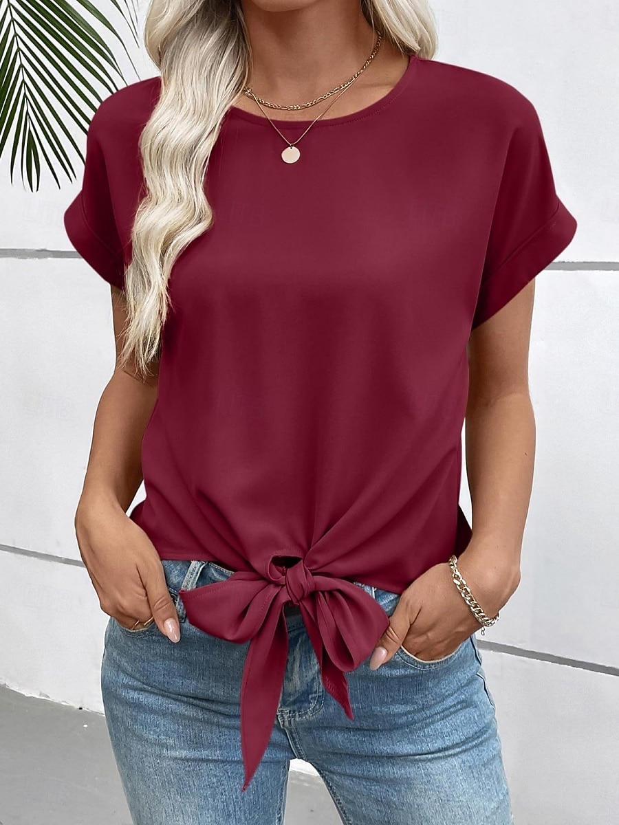 Femmes T-shirt Nœud Uni Mode Élégant Classique Manche Courte Col ras du cou Hauts Réguliers Quotidien Sortir Week-end Noir Blanche Vin Marron Beige Été Printemps de 2026 ? $24.99 –P9