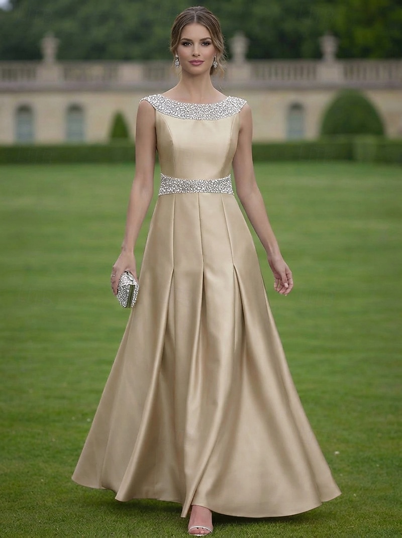 Linea ad A Lunghezza al pavimento Abito da Sera Abito formale Elegante Brillanti Abbellito Senza Maniche Scollo a Barca Matrimonio Formale Raso con Pieghe Cristalli del 2026 a $194.99 –P5