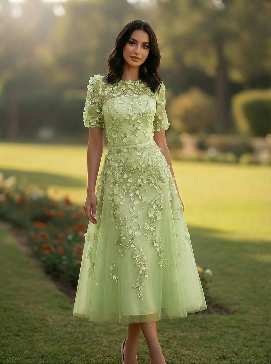 A-Line Tea Length Cocktail Dresses Elegant Vintage Floral Short Sleeve Crew Neck Wedding Formal Pink Dress Lace Tulle with Beaded Eembroidered Appliques 2026 - $205.89 –P5