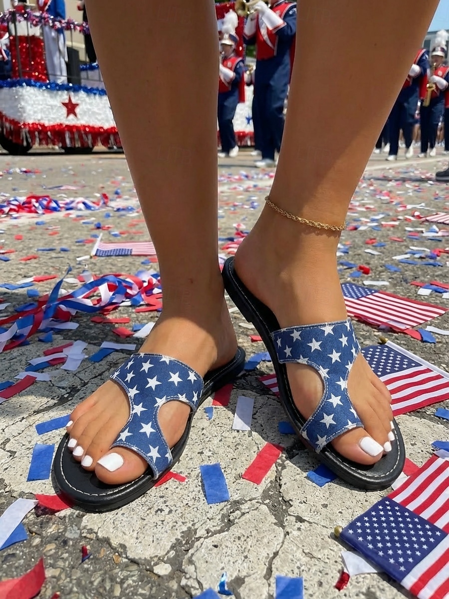 Sandalias de playa para mujer con motivo del 250.º aniversario de EE. UU.: blancas y azules, con estampado de estrellas patrióticas, ideales para el 4 de julio y las vacaciones. & playa 2026 - $18.99 –P4
