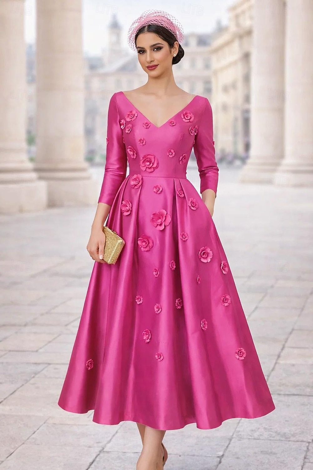 pink ankle length dress A-Line/Princess Scoop Printed Satin Mother of the Bride Dresses with Bowknot Asymmetrical Ankle-Length Short Sleeves, Pink
