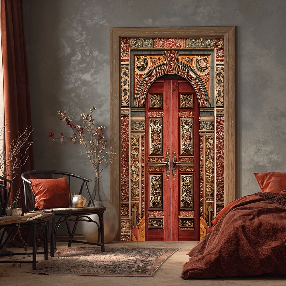ősi arab piros fa ajtó díszes mór boltív bonyolult virágfaragás 3D realisztikus szövet ajtó banner borító otthoni belső szoba dekoráció bejárat party háttér 2026 - $17.99 –P2