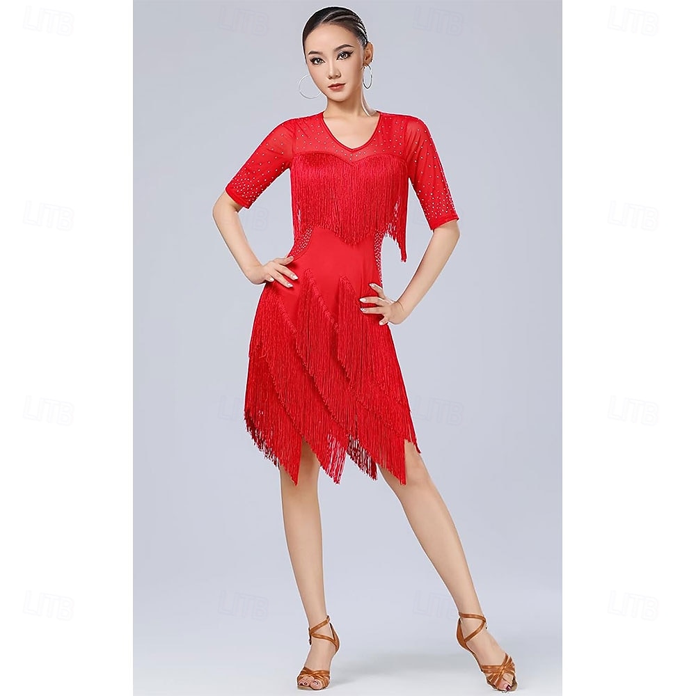 Baile Latino Vestido Pedrería Borla Mujer Fiesta Entrenamiento Rendimiento Media Manga Cintura Alta Nailon Encaje Licra 2026 - $96.99 –P4