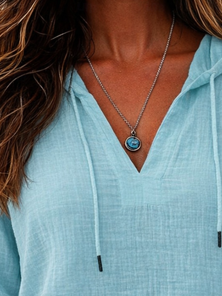 Damskie Koszule bawełniane lniane Jednokolorowe Codzienny Elegancki Podstawowy Długi rękaw Kaptur Zwykłe topy Codzienny Niebieski Granatowy Beżowy Lato Wiosna Jesień 2026 - $24.99 –P3