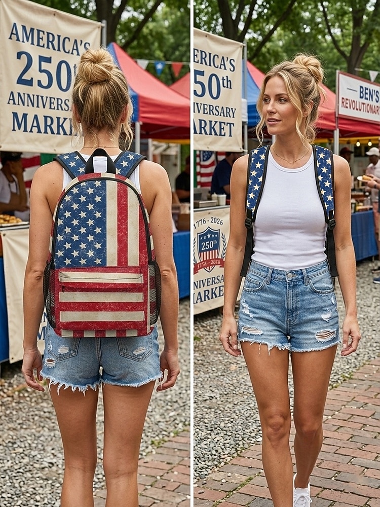 Unisex-Rucksack aus Polyester mit Print, Vintage-Design mit amerikanischer Flagge, großes Fassungsvermögen, strapazierfähig, ideal für den 250. Jahrestag, den Unabhängigkeitstag, Reisen und Outdoor-Aktivitäten. 2026 - $24.99 –P2
