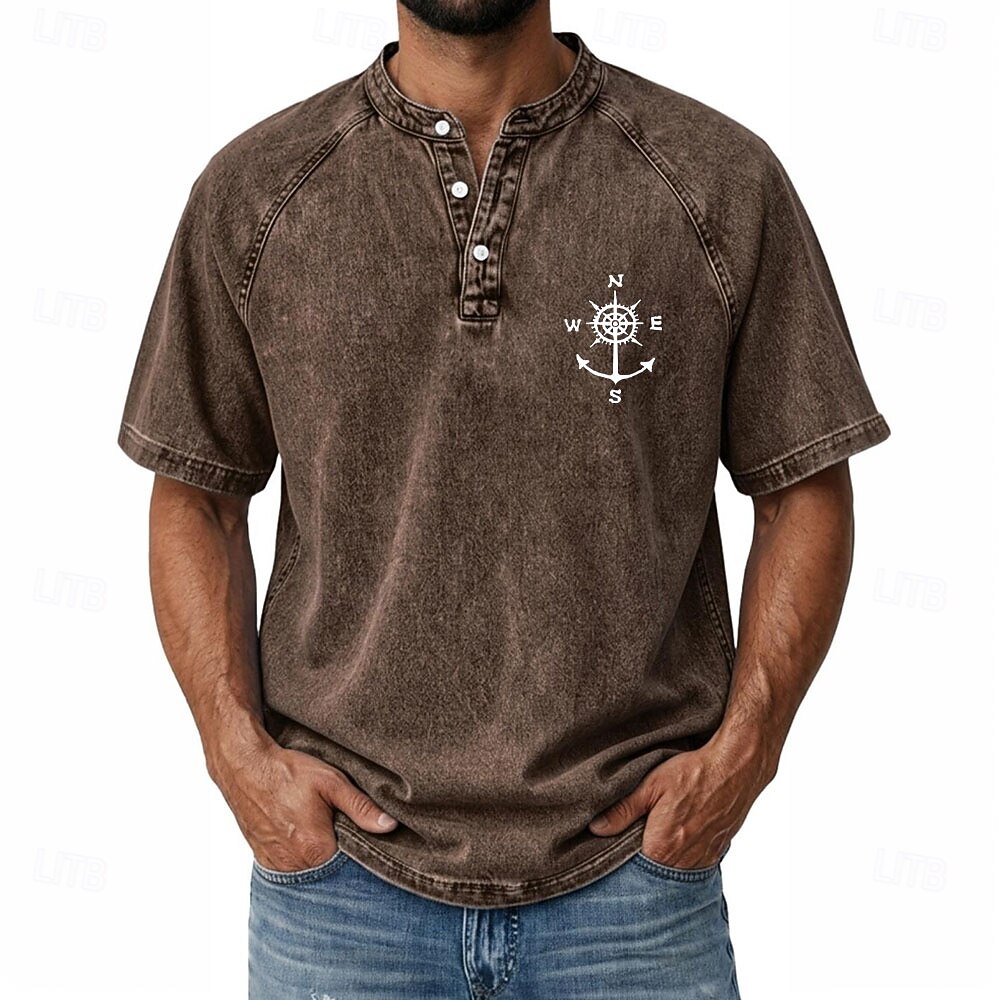 SoftFade™ Men's Demin Shirt 100% Cotton Acid Wash Shirt Henley Top Short Sleeve Vintage Distressed Casual Home Street Summer Spring Black Pink Light Green Gray Light Blue Stand Collar Henley 2026 - $31.99 –P10