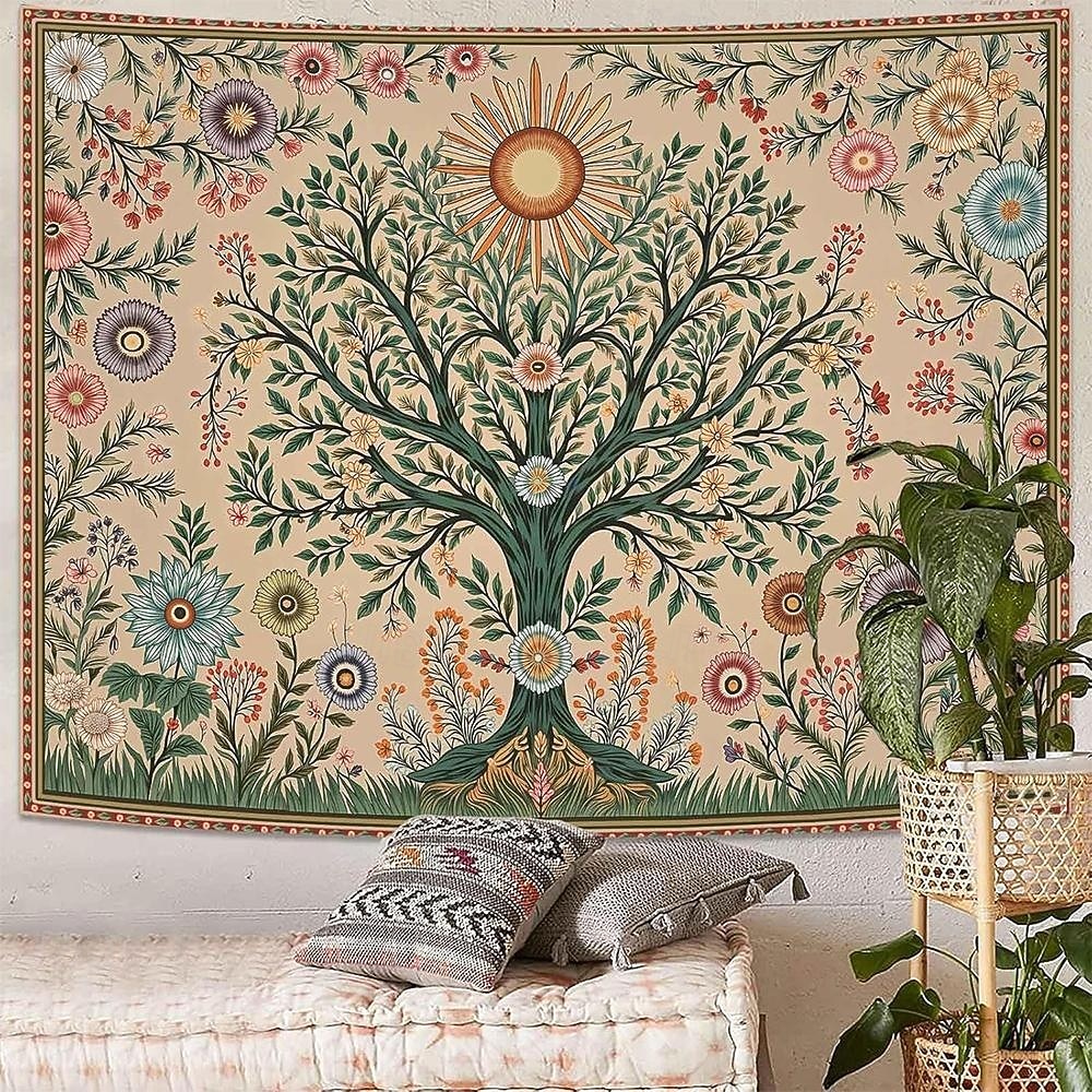 Livets tre folkekunst veggteppe bohemsk etnisk fugler og blomster natur landskap svart bakgrunn åndelig hjemdekor stue soverom bakgrunn innendørs veggmaleri 2026 - $19.99 –P9