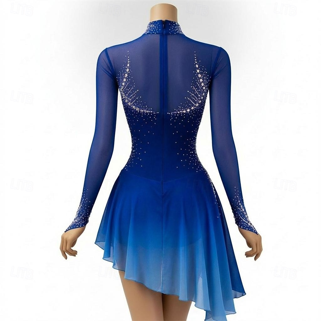 Figure Skating Dress Women's Ice Skating Dress Navy Patchwork Thumbhole Stretchy Training Competition Skating Wear Classic Crystal / Rhinestone Long Sleeve Ice Skating Figure Skating 2026 - $416.89 –P2