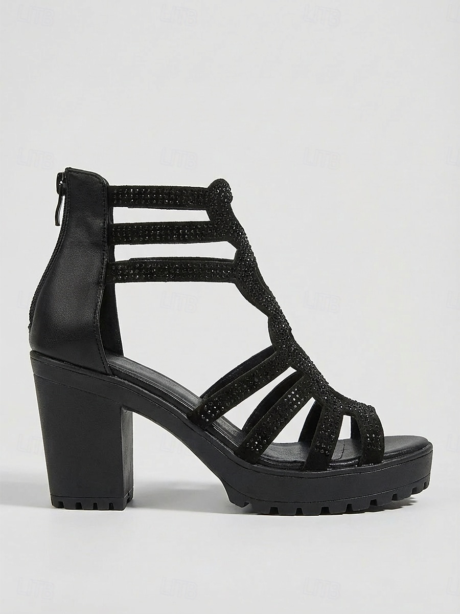 Elegante zwarte sandalen met blokhak voor dames - sprankelende hoge hakken met strass-steentjes en platformzool. &Antislipzool voor kantoorwerk en zakelijke banketten. &professionele evenementen 2026 - $34.99 –P2
