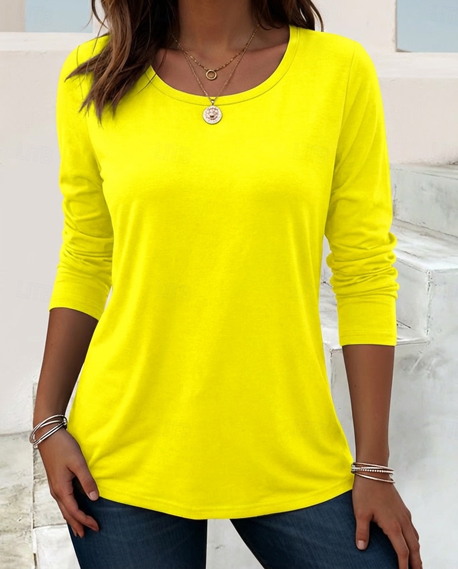 Per donna Maglietta Blusa Tinta unica Semplice Elegante Classico Manica Lunga Girocollo Top lunghi Quotidiano Uscire Abbigliamento mare Blu Nero Bianco Giallo Rosa Primavera Autunno del 2026 a $22.99 –P8
