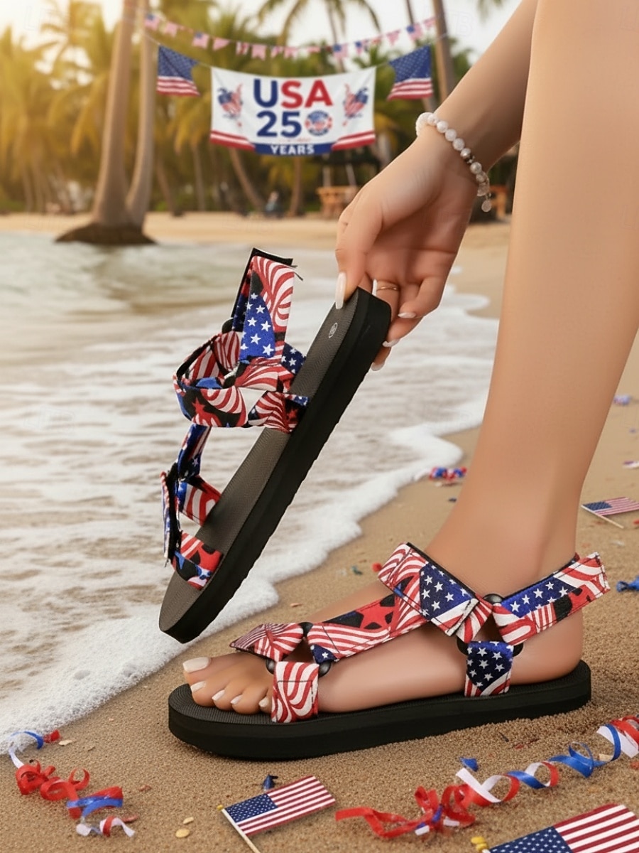 Γυναικεία μαύρα / κόκκινα σανδάλια για την 250ή επέτειο των ΗΠΑ - άνετα πατριωτικά σανδάλια με λουράκια και σχέδια με αστέρια και ρίγες για παραλία, παρελάσεις και εορτασμούς της 4ης Ιουλίου 2026 - $19.99 –P7