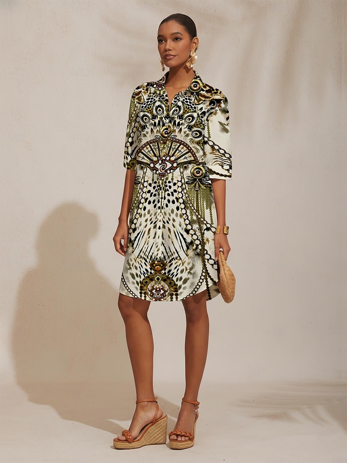 vintage-leopardikoruja silkkisestä satiinista valmistettu suora paitamekko 2026 - $91.99 –P3